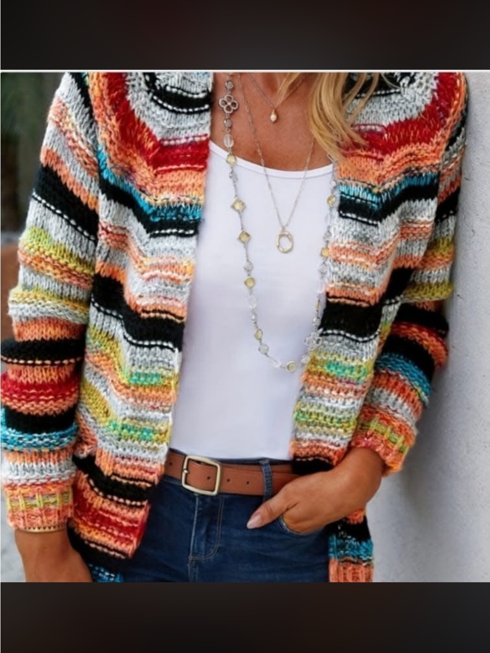 Noracora  Striped Wool Knit Cardigan w/Pockets! Sz L Boho Vibrant Casual Natural